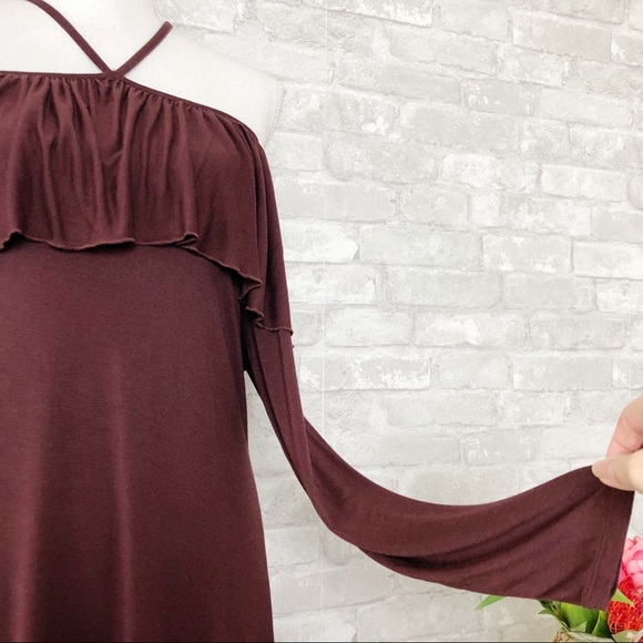 NWT CHASER Brown Off the Shoulder w/ V-Halter Neckline Long Sleeve Mini Dress M - Picture 7 of 13